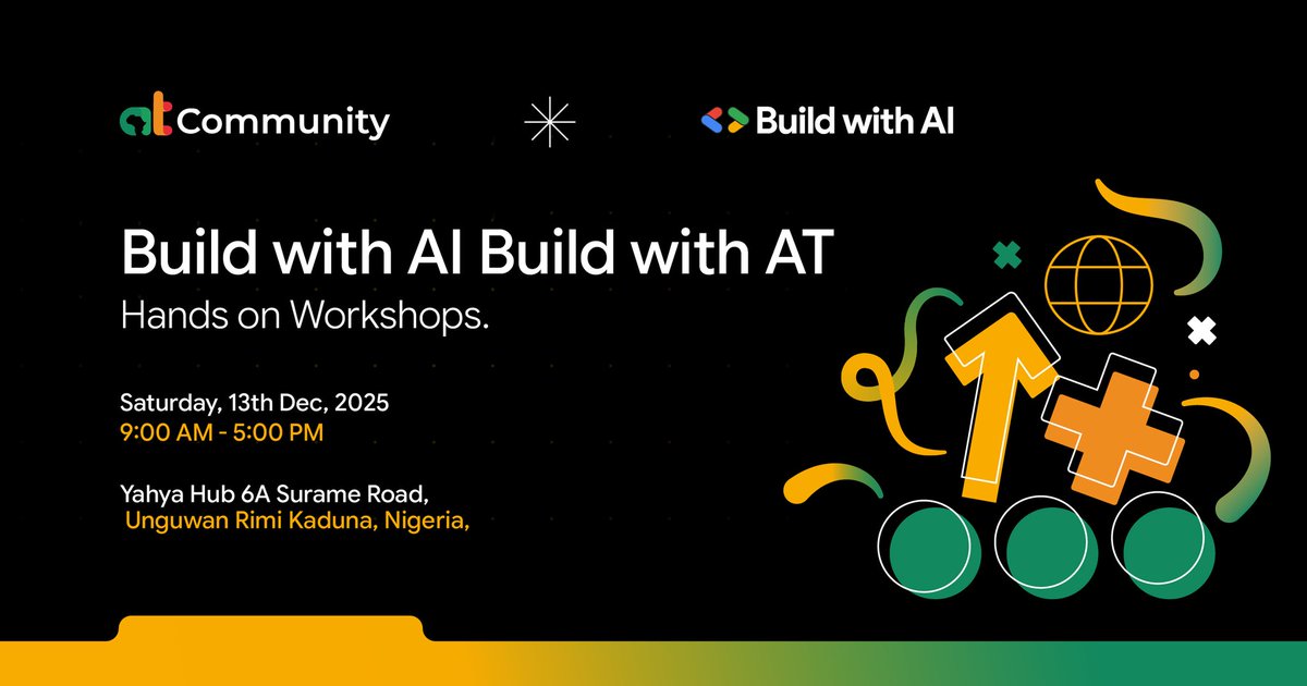 What if you could blend the magic of Generative AI, <a href="/Africastalking/">Africa's Talking</a> APIs &amp; <a href="/Google/">Google</a> Cloud?
🧠 GenAI Fundamentals
☁️ Cloud Concepts
⚙️ AI Frameworks
🔌 API Integrations
📱 Offline-ready solutions
🚀 Final capstone project
 community.africastalking.com/e/m72nq9/
#WeLoveNerds #BuildWithAT #ATdevsNG
