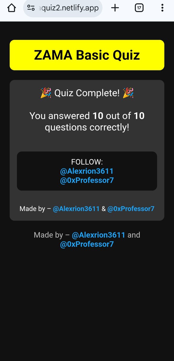 Just completed a Zama quiz game , created by <a href="/0xProfessor7/">Professor</a> and @Alexrion3611 

I really loved this quiz , it's also totally fun and will showcase, how much you know about <a href="/zama/">Zama</a> and its tech . 

Btw I got 10/10 in my 1st attempt 😏

You can try this :- zamaquiz2.netlify.app

Btw