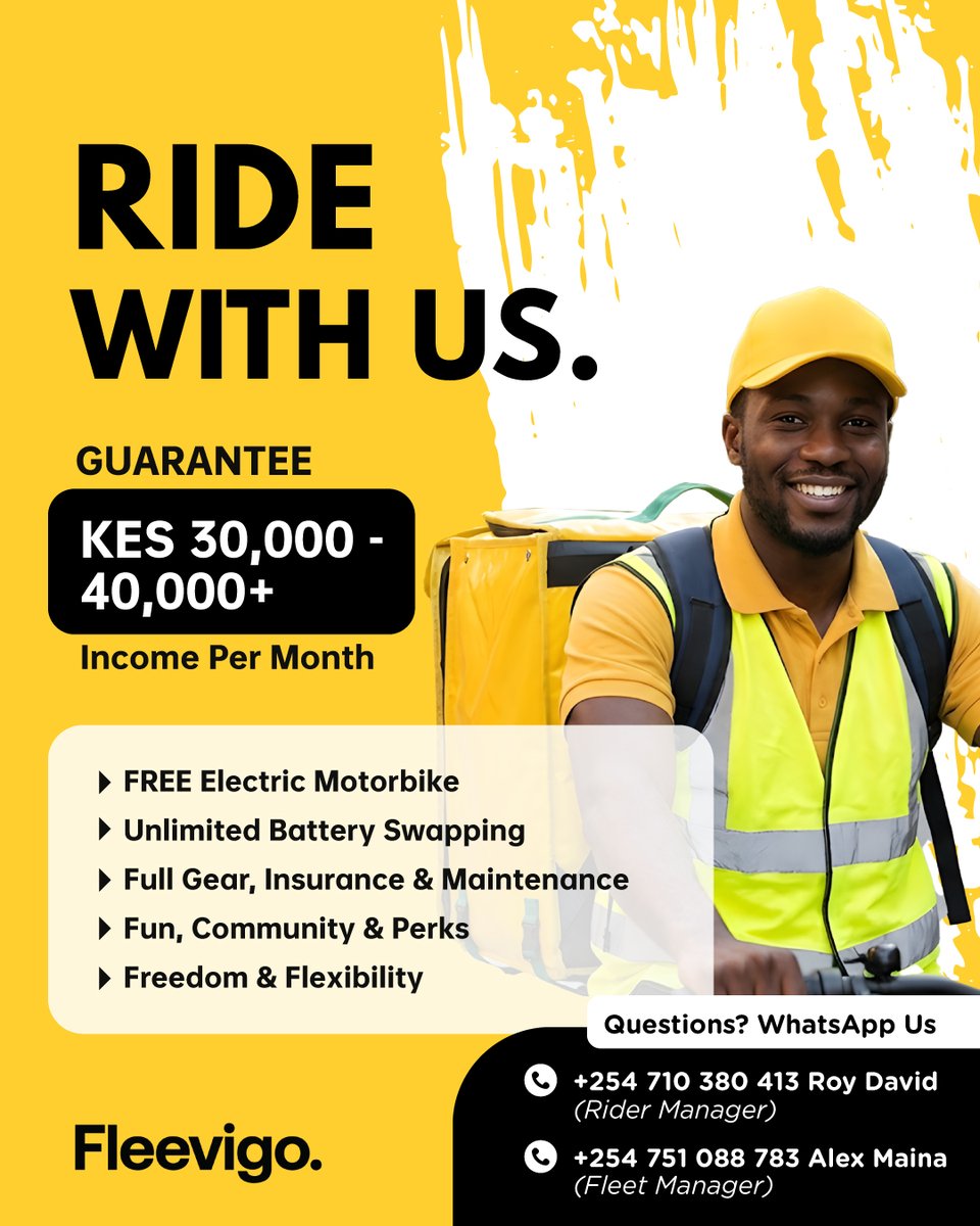 Fleevigo's tweet image. Why chase opportunities when you can ride into them?
.
Your new chapter starts with one ride
📷 Apply now
forms.gle/Dq9mjDG4LM5yEH…
📷 WhatsApp us: +254 113 286 286
.
Let’s power Kenya’s streets with cleaner, smarter delivery. 📷
.
#Fleevigo #RiderOpportunity #EVDelivery #KenyaJobs