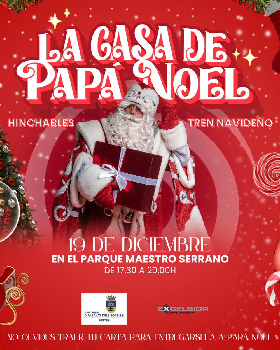 "LA CASA DE PAPÁ NOEL - HINCHABLES - TREN NAVIDEÑO" - 19 DE DESEMBRE DEL 2025 - 17.30 HORES - PARC DEL MESTRE SERRANO (REGIDORIA DE FESTES)
La regidoria de Festes ha organitzat l'arribada de la "Casa de Papá Noel" al parc del Mestre Serrano el 19 de desembre del 2025.