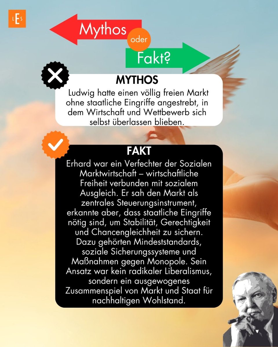 LEStiftung's tweet photo. Mythos: Erhard = ungezügelter Markt

Fakt: Wirtschaftliche Freiheit mit sozialem Ausgleich.
Mindeststandards, soziale Sicherung & klare Regeln gegen Monopole gehörten dazu.

👉 Kein radikaler Liberalismus, sondern Markt + Staat im Gleichgewicht.

#MythosOderFakt #LudwigErhard #SozialeMarktwirtschaft #LES