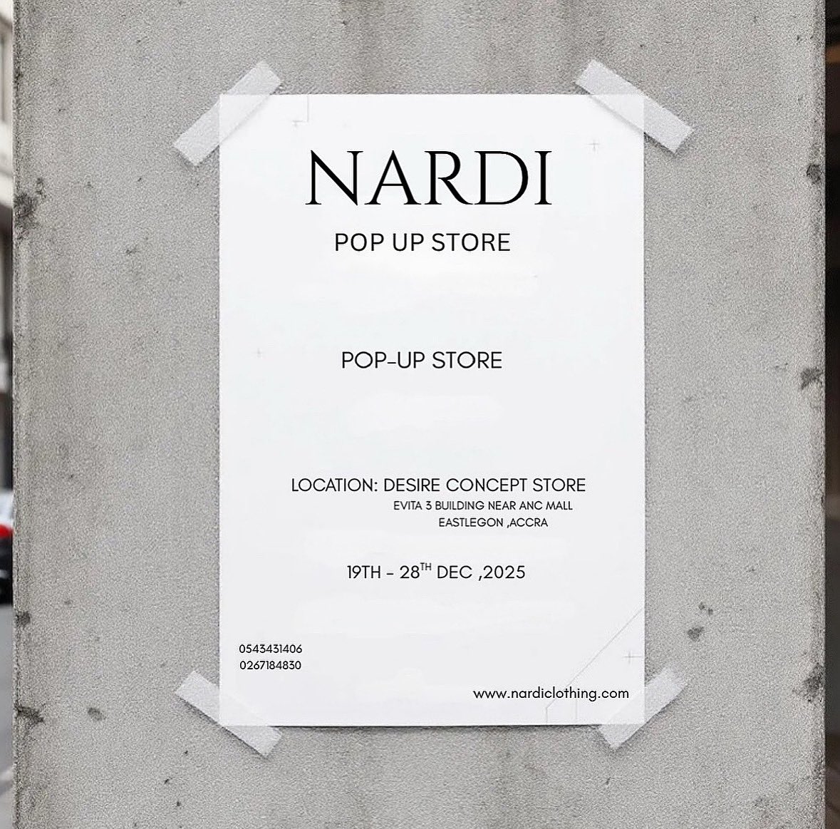 Accra, we’re coming outside! 🖤
NARDI Pop-Up Store is live this December.
📍 Desire Concept Store, East Legon
🗓 19–28 Dec 2025
See you there.
#Nardi #PopUpAccra #FashionInAccra #DecemberInAccra #nardiclothing