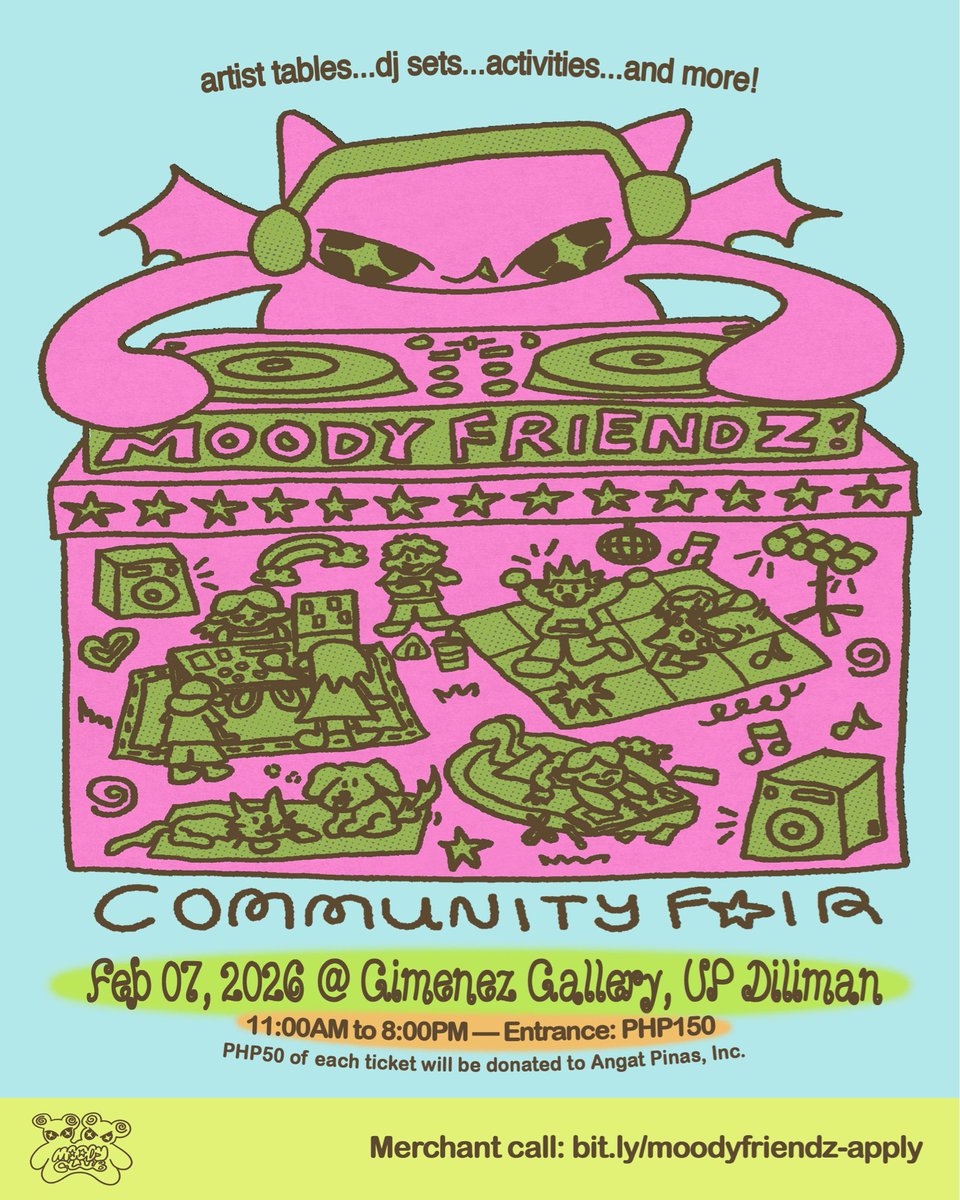 Get ready to have super cool fun at Moody Friendz: Community Fair! 🫶🏻 Celebrate <a href="/the_moody_club/">MOODY CLUB</a>'s anniversary and the launch of our new events series on February 7, 2026 (Saturday) from 11:00am to 8:00pm at Gimenez Gallery, UP Diliman. 🥳

APPLY HERE: bit.ly/moodyfriendz-a…