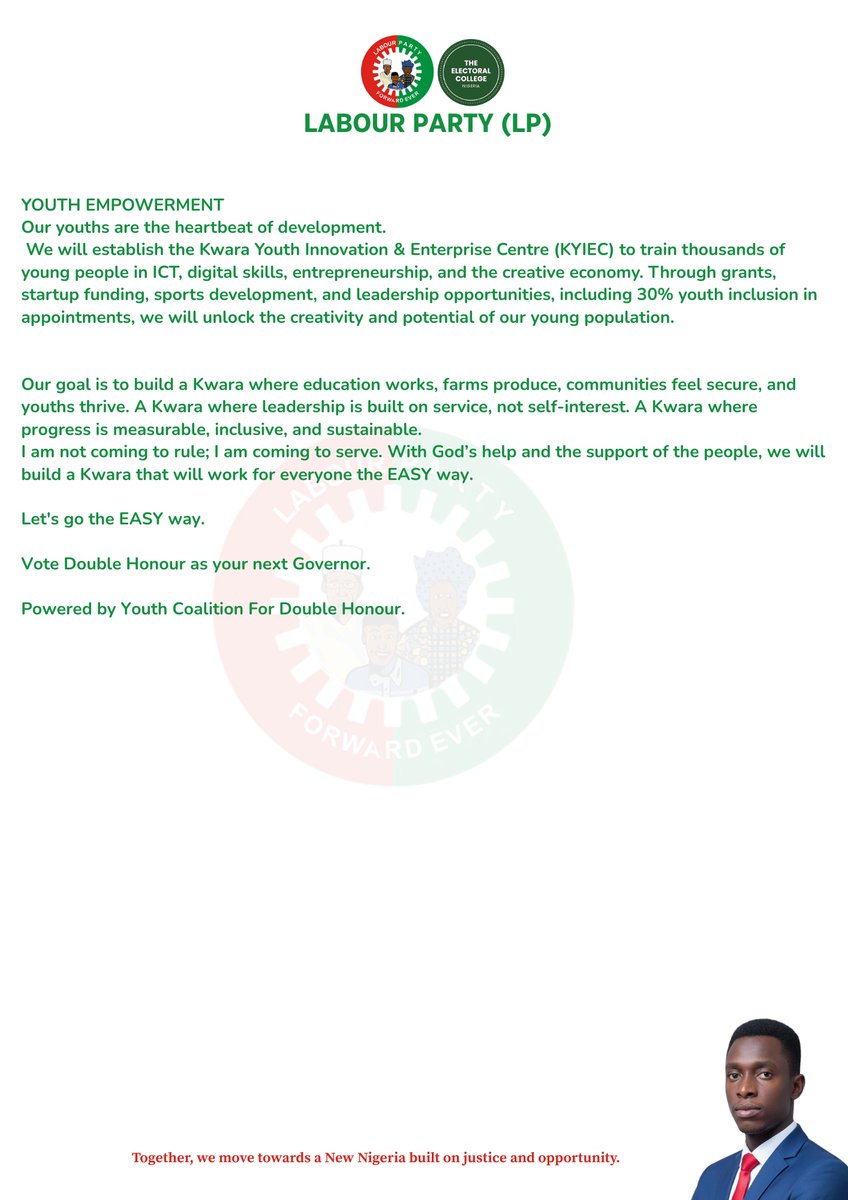 ecnlabourparty's tweet photo. THE EASY AGENDA MANIFESTO
By Hon. Oluwaseun Oyeniyi aka Double Honour, Kwara Governorship Aspirant, Labour Party (LP) Pseudo Party. https://t.co/ThIzavjY2x