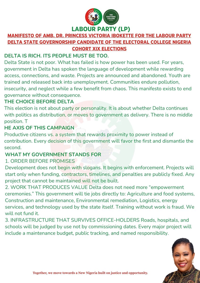 ecnlabourparty's tweet photo. MANIFESTO OF AMB. DR.  PRINCESS VICTORIA IBOKETTE  FOR THE LABOUR PARTY DELTA  STATE GOVERNORSHIP  CANDIDATE OF THE ELECTORAL  COLLEGE NIGERIA COHORT XIX  ELECTIONS @electoralcollng https://t.co/FXhY6aFIuY