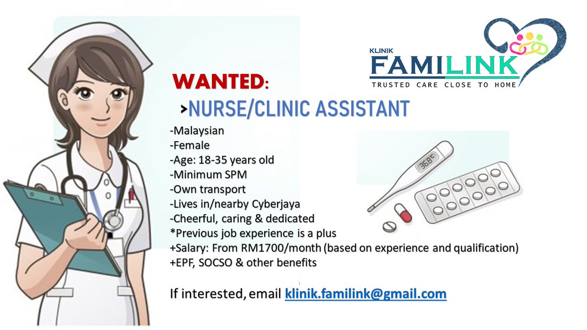 KFamilink's tweet photo. JAWATAN KOSONG: PEMBANTU KLINIK Kami sedang mencari individu yang bersemangat dan berdedikasi untuk menyertai pasukan kami sebagai Pembantu Klinik. Sila hubungi kami melalui whatsapp (0169261402) atau emel (klinik.familink@gmail.com)
@Twt_Cyberjaya https://t.co/VYQe0ThtYt