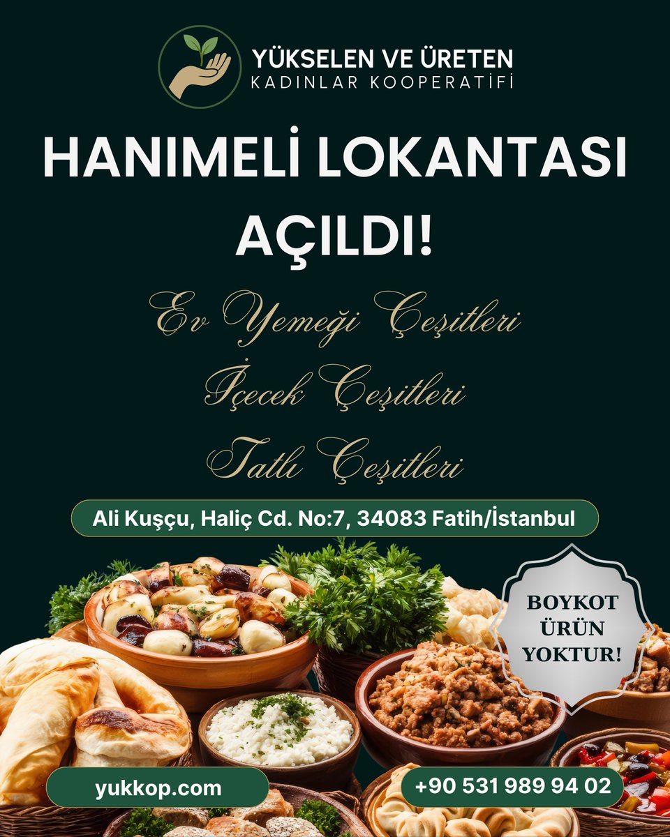 Anne eli değmiş gibi lezzetleriyle Hanımeli Lokantası Açıldı! 🍲✨

Yükselen ve Üreten Kadınlar Kooperatifi olarak, el emeği yemeklerimizi sizlerle buluşturacağımız Hanımeli Lokantası kapılarını açtı.

Taze ve doğal malzemelerle hazırlanan ev yemekleri, tatlı ve içecek
