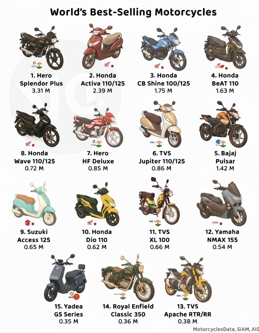 World’s Best-Selling Motorcycles

1. 🇮🇳 Hero Splendor Plus → 3.31 Million 
2. 🇯🇵 Honda Activa 110/125 → 2.39 M
3. 🇯🇵 Honda CB Shine 100/125 → 1.75 M
4. 🇯🇵 Honda BeAT 110 → 1.63 M
5. 🇮🇳 Bajaj Pulsar → 1.42 M
6. 🇮🇳 TVS Jupiter 110/125 → 0.86 M
7. 🇮🇳 Hero HF Deluxe → 0.85 M