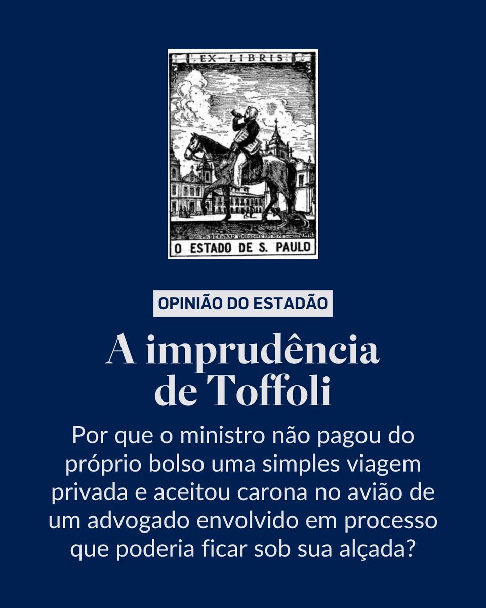 Estadao's tweet image. EDITORIAL | A imprudência de Toffoli – “Essa não é a primeira vez que Toffoli dá sinais de que não se sente obrigado a prestar contas de seu comportamento perante a sociedade”. Leia o texto completo em bit.ly/48Vfu1X (via @opiniao_estadao)