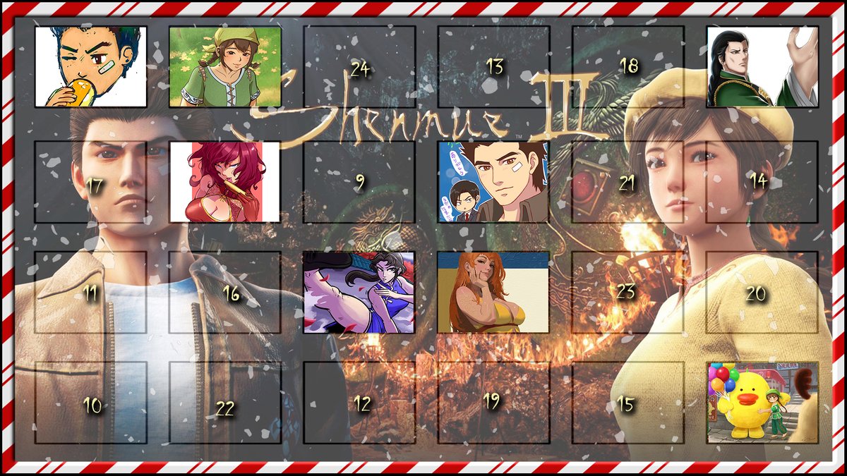 The Shenmue Dojo Advent Calendar so far! Door 9 opens later today! 🚪

Look forward to daily fan art posts from some of our favourite artists throughout this festive month.

Shenmue prizes to be won for giving any of the posts a LIKE, on any of our social media accounts!

Let's