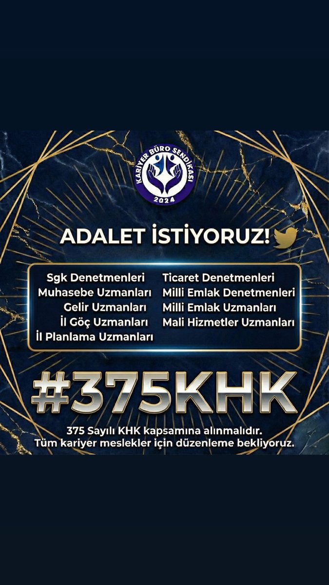 375 Sayılı KHK 
Tüm kariyer meslekleri kapsayacak şekilde genişletilmelidir.

Taşra teşkilatlarında görev yapan kariyer mesleklerin 375 sayılı KHK kapsamı dışında tutulması, artık ertelenemez bir adaletsizlik hâline gelmiştir.
375 sayılı KHK’nın özü; benzer yeterlik süreçlerinden