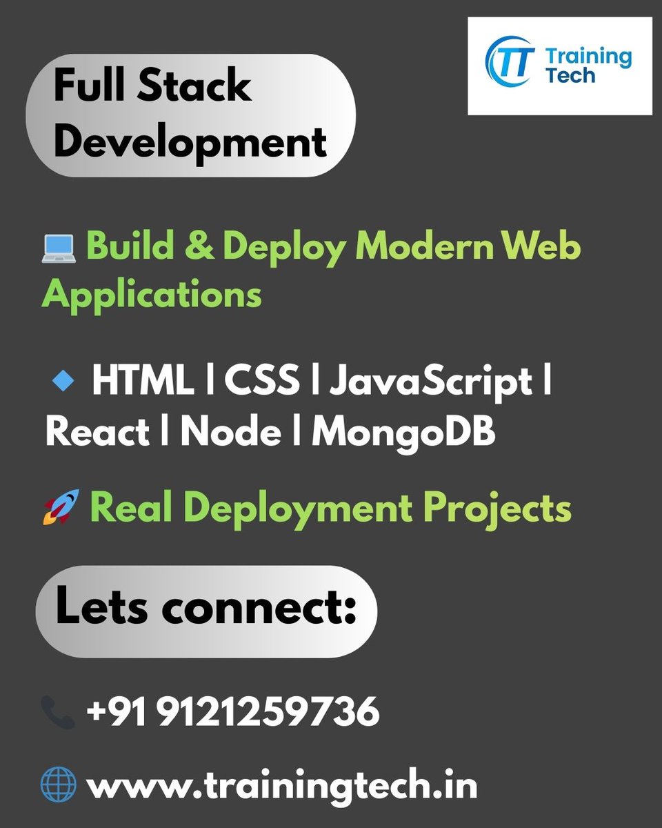 trainingtech984's tweet image. 💻 Full Stack Development
Learn HTML, CSS, JS, React, Node.js, APIs &amp;amp; Databases with hands-on projects. Become job-ready with real-world coding skills!
📞 +91 91212 59736 | trainingtech.in
#FullStackDevelopment #TrainingTech