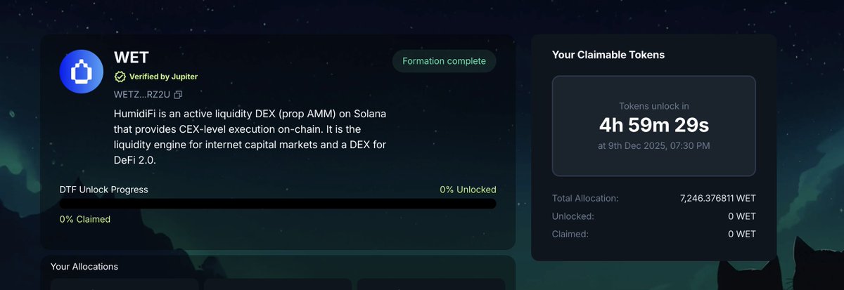 WET / <a href="/humidifi/">HumidiFi</a> TGE update 🚀

TGE goes live in ~5 hours — unlocking at 7:30 PM IST today! ⏳🔥
Ready to claim my 7,246.37 $WET allocation once it opens.
Let’s goooo! 🌊