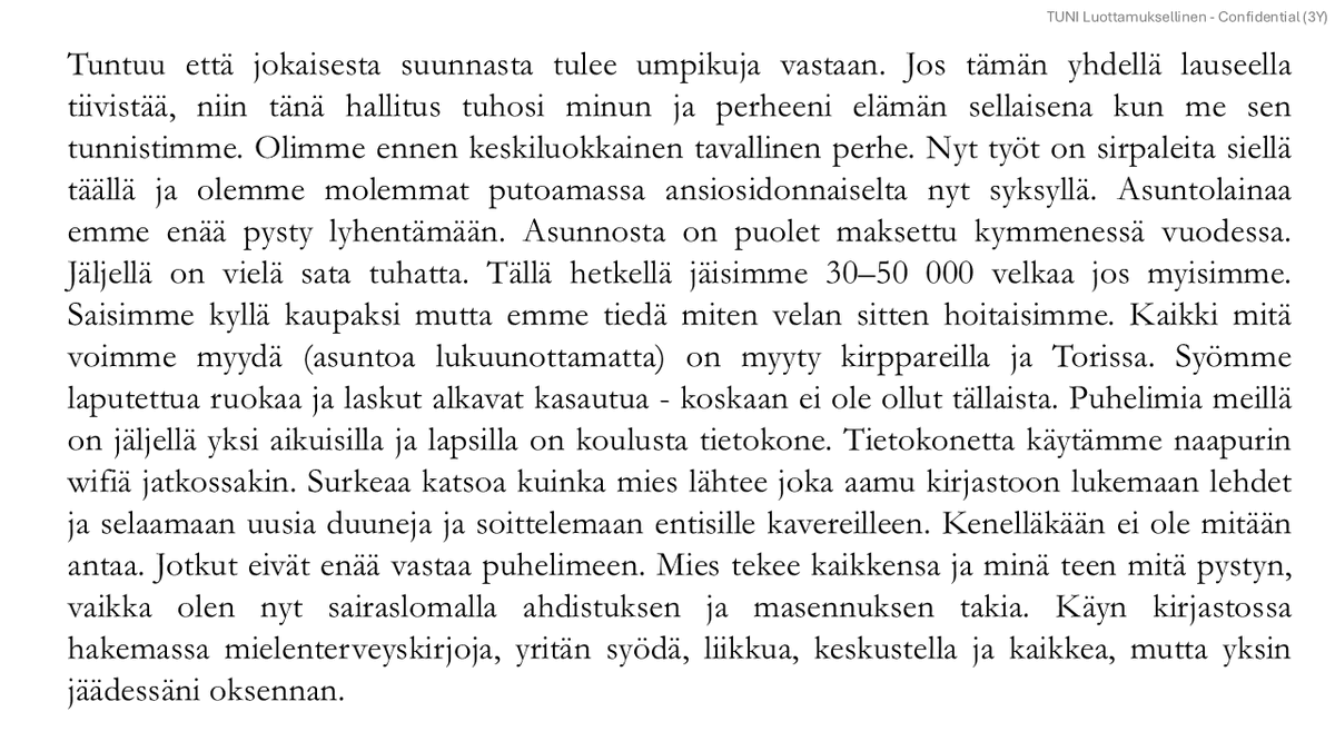 SaariJuho's tweet image. Keräsimme syksyllä Ylen kanssa aineistoja suomalaisten elämästä. Saimme n. 2500 tarinaa. Tässä yksi esimerkki siitä, miltä näyttää keskiluokkaisen perheen romahdus 2020-luvun puolivälin Suomessa.