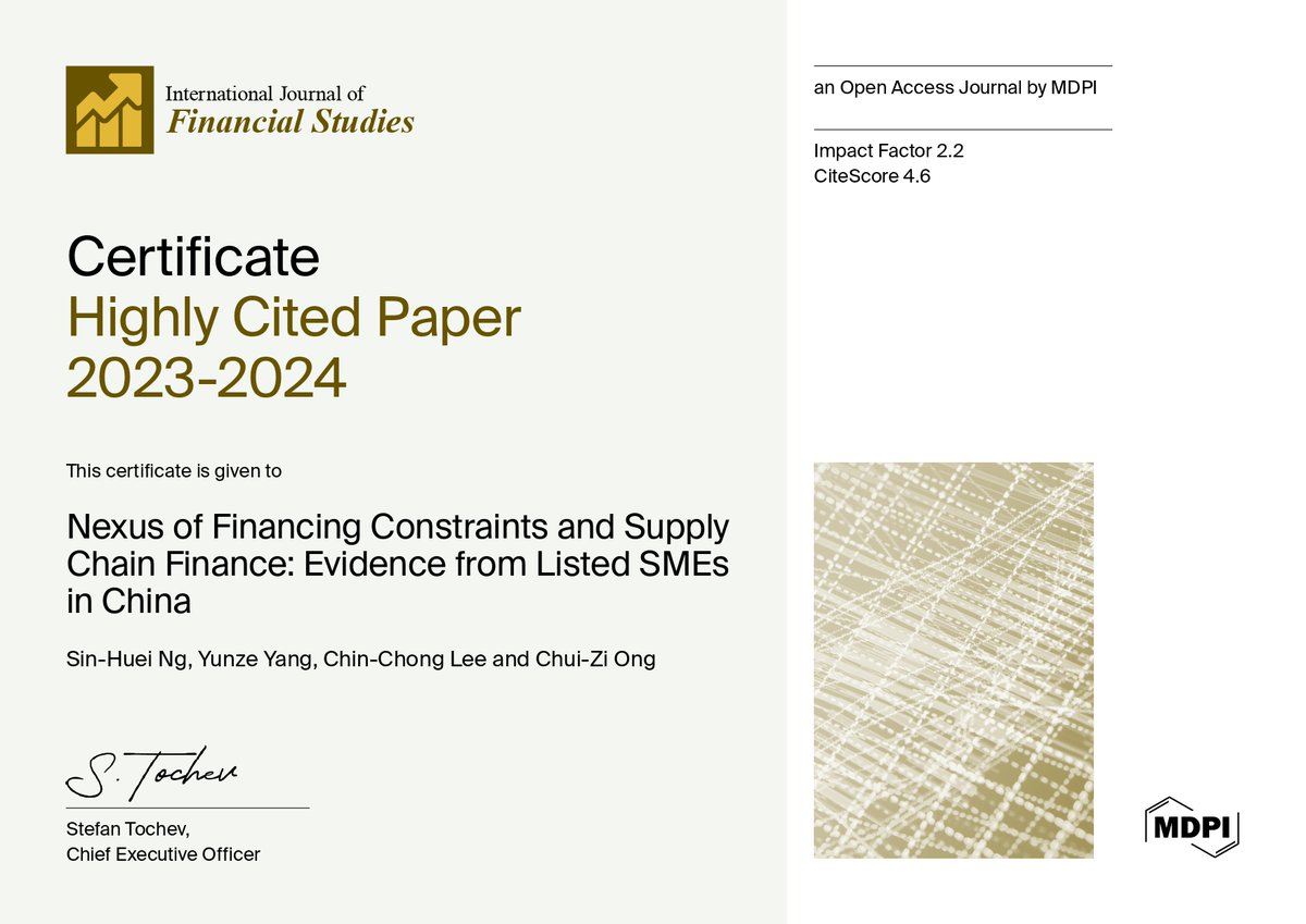 🎉 Feature Paper #IJFS_MDPI

📝 Nexus of Financing Constraints and Supply Chain Finance: Evidence from Listed SMEs in China
🎓 by Sin Huei Ng, Yunze Yang, Chin-Chong Lee and Chui Zi Ong
🔗 Read at: mdpi.com/2227-7072/11/3…

#financing_constraints #supply_chain_finance #SMEs