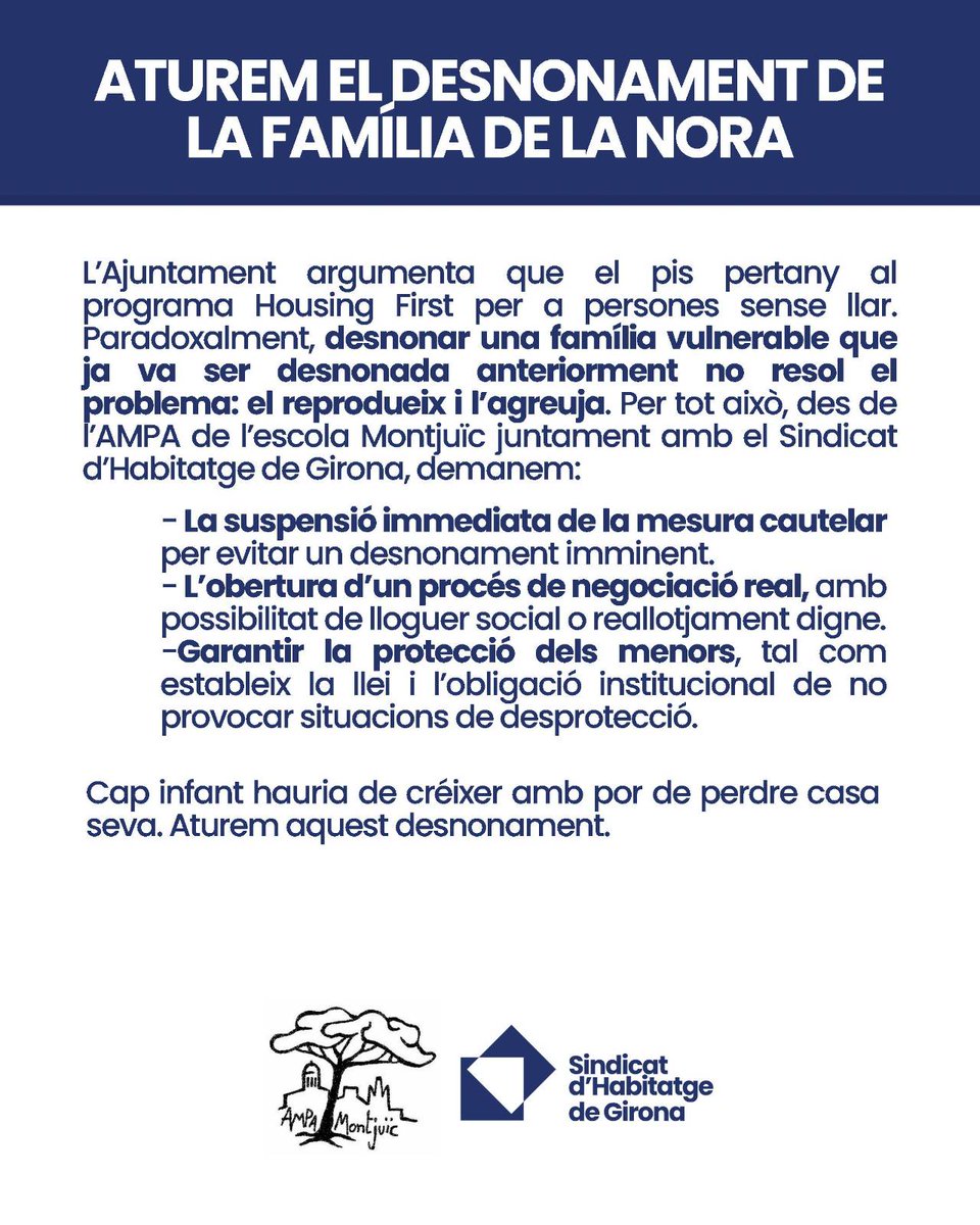 🔵 ATUREM EL DESNONAMENT DE LA FAMÍLIA DE LA NORA

L'Ajuntament de Girona ha iniciat el procés per desallotjar la família de la Nora.

Ens unim amb l'AMPA de l'escola Montjuïc per denunciar que el desnonament es podria produïr en qualsevol moment deixant dos infants sense casa.