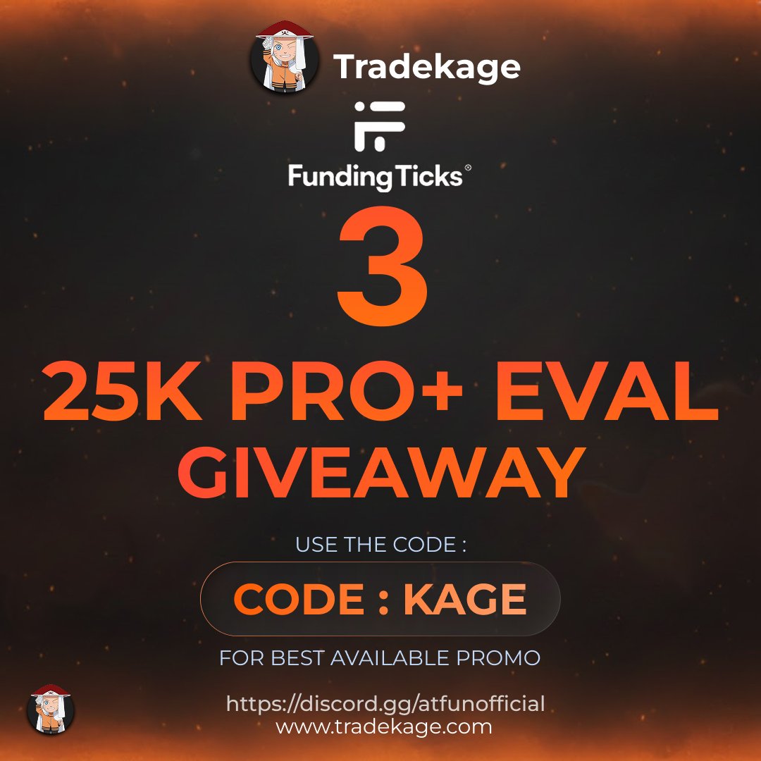 tradekage's tweet image. 🎁FUNDING TICKS - 3 X 25K PRO+ EVALS GIVEAWAY🎁
Rules:
1. Follow me @tradekage and @fundingticks
2. Like and Retweet
3. Tag 3 Friends and the 3 winners will be picked on Friday 12/12/25 at the New York open!

Shout out to @fundingticks @FuturesFlow for hosting this!!