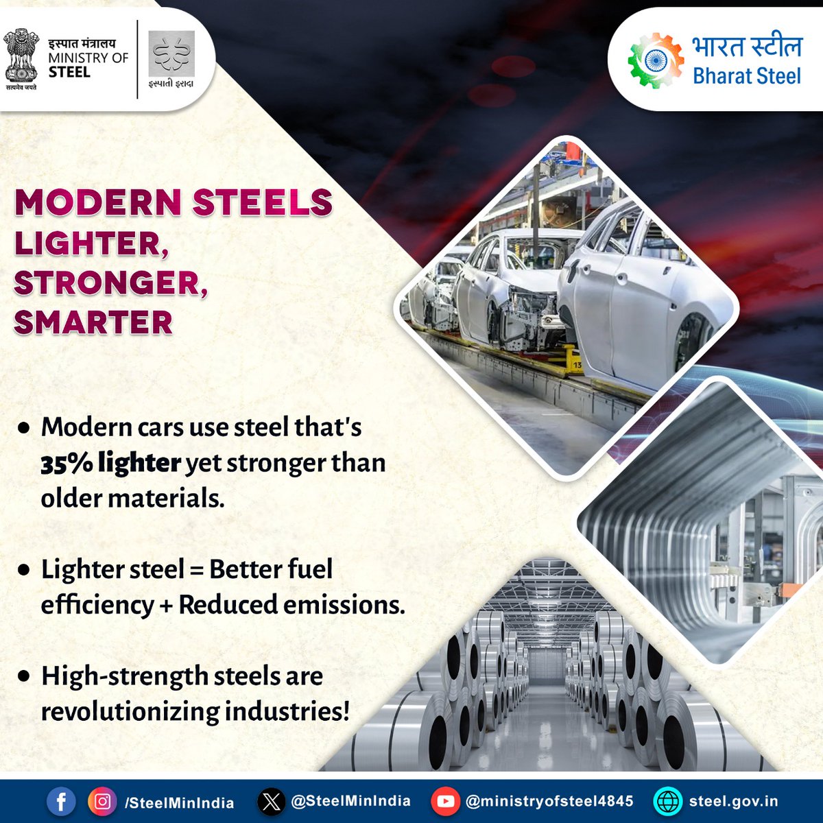 SteelMinIndia's tweet image. Steel innovation drives greener, smarter, and more efficient designs. 🚗💨 Steel is truly the material of the future!  

#SteelUnlocked #Innovation #LightweightSteel