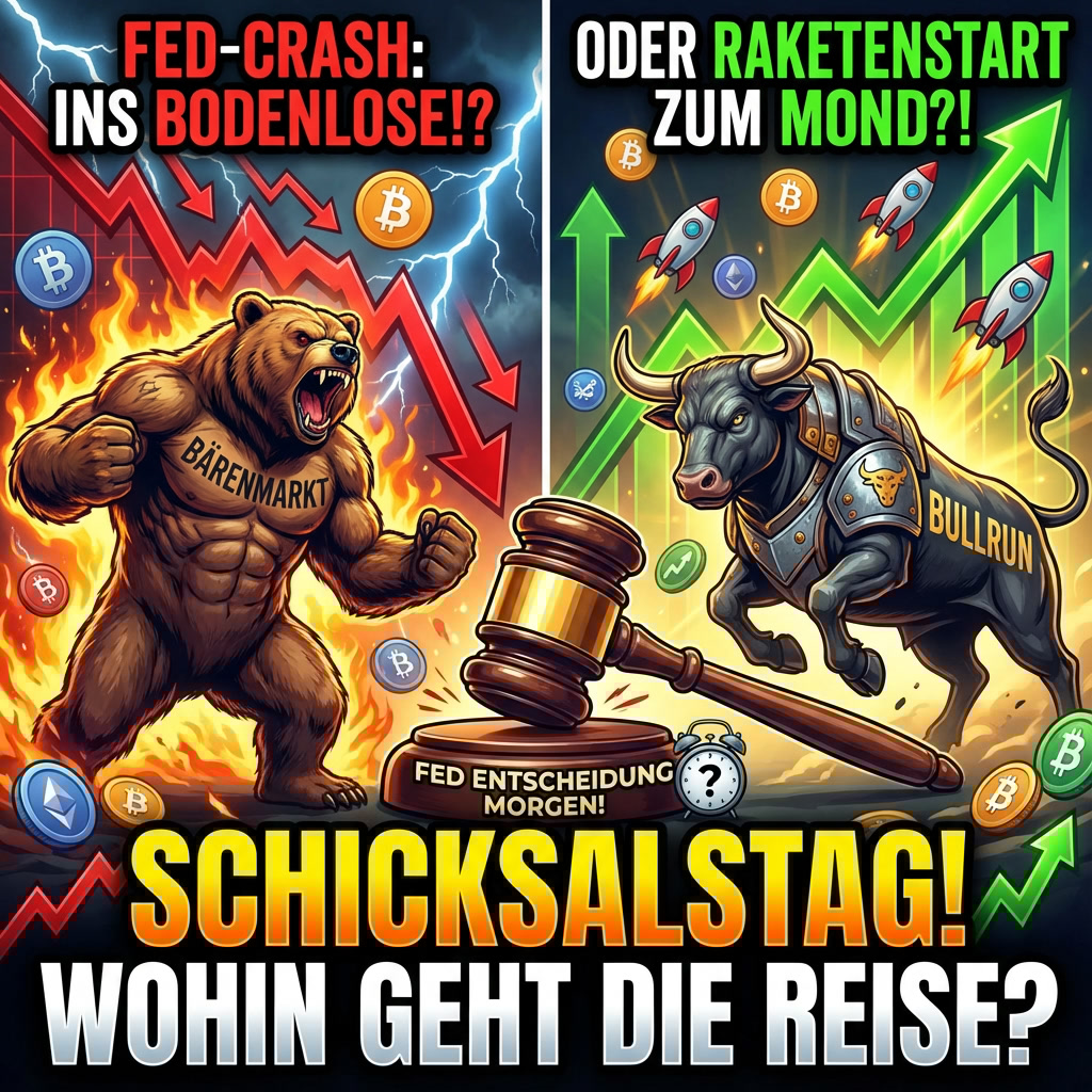 🔥 Entscheidet die Fed morgen, ob wir in den Bärenmarkt abrutschen – oder startet doch noch der Bullrun? 🔥

Der Kryptomarkt steht vor einem der wichtigsten Tage des Jahres.

Nicht wegen des Zinsschritts selbst – der ist mit 25 Basispunkten längst eingepreist.

Die eigentliche