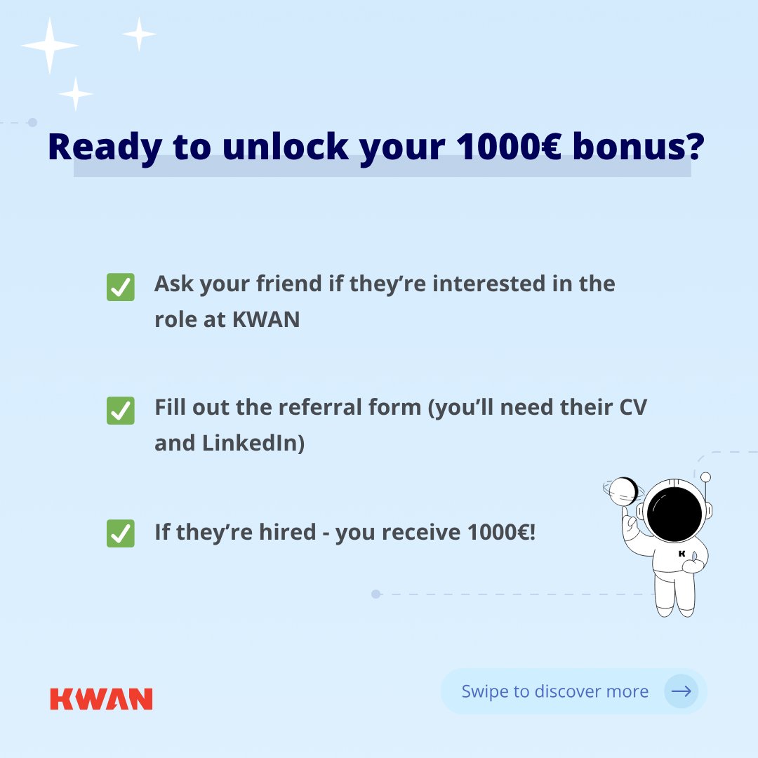 KwanCommunity's tweet image. Know a great Java Developer? 🤔
Until December 11th, your referral could earn you €1000! 💸

We’re counting on you to help us find a talented Java Developer! And the best part? If they join one of our projects, you’ll receive a €1000 bonus as a thank-you! 🙌

It’s simple:
 1️⃣…