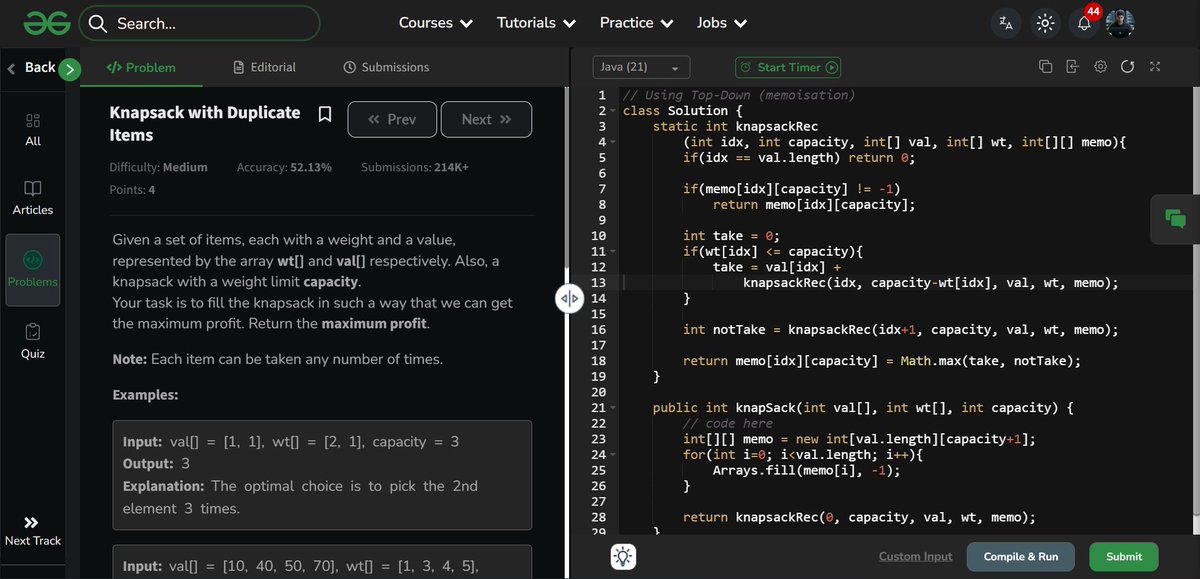 amanhaidry's tweet image. 🗓️Day-139/365 | #365DaysOfCode 💻| @geeksforgeeks

#DynamicProgramming in #DSA
✅Problem: 0-1 Knapsack
✅Problem: Knapsack with Duplicate Item

#nationskillup #365DaysOfDSA #geeksforgeeks #gfg #365DaysOfcoding #java #DataStructuresAndAlgorithms