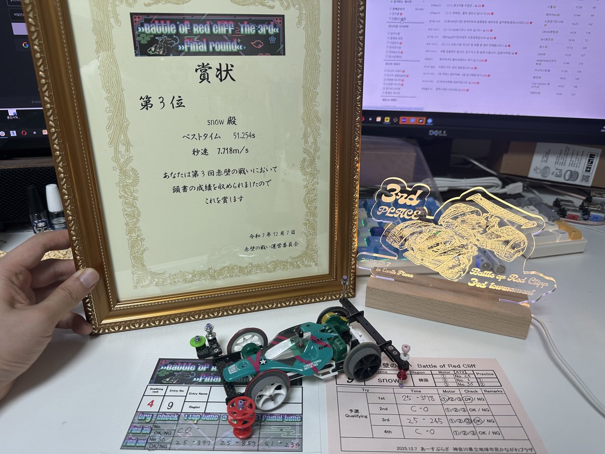 PPS_Snow's tweet photo. 第3回赤壁大戦で入賞できました。
初めて作ったスーパー1車がよく走ってくれて嬉しかったです。
とても楽しい試合でした。
次の機会にまた楽しみに行きます。 https://t.co/ciPbXUZhIW