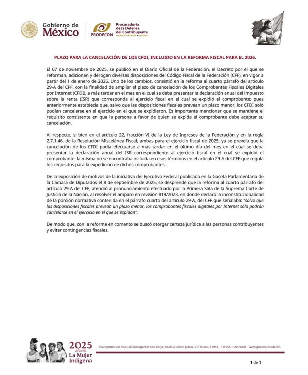 SergioEsquerra's tweet photo. México
PRODECON
Procuraduría de la Defensa del Contribuyente
PROTEGE • DEFIENDE <<PLAZO PARA LA CANCELACIÓN DE LOS CFDI, INCLUIDO EN LA REFORMA FISCAL PARA EL 2026>> https://t.co/lNcCfdKVd5