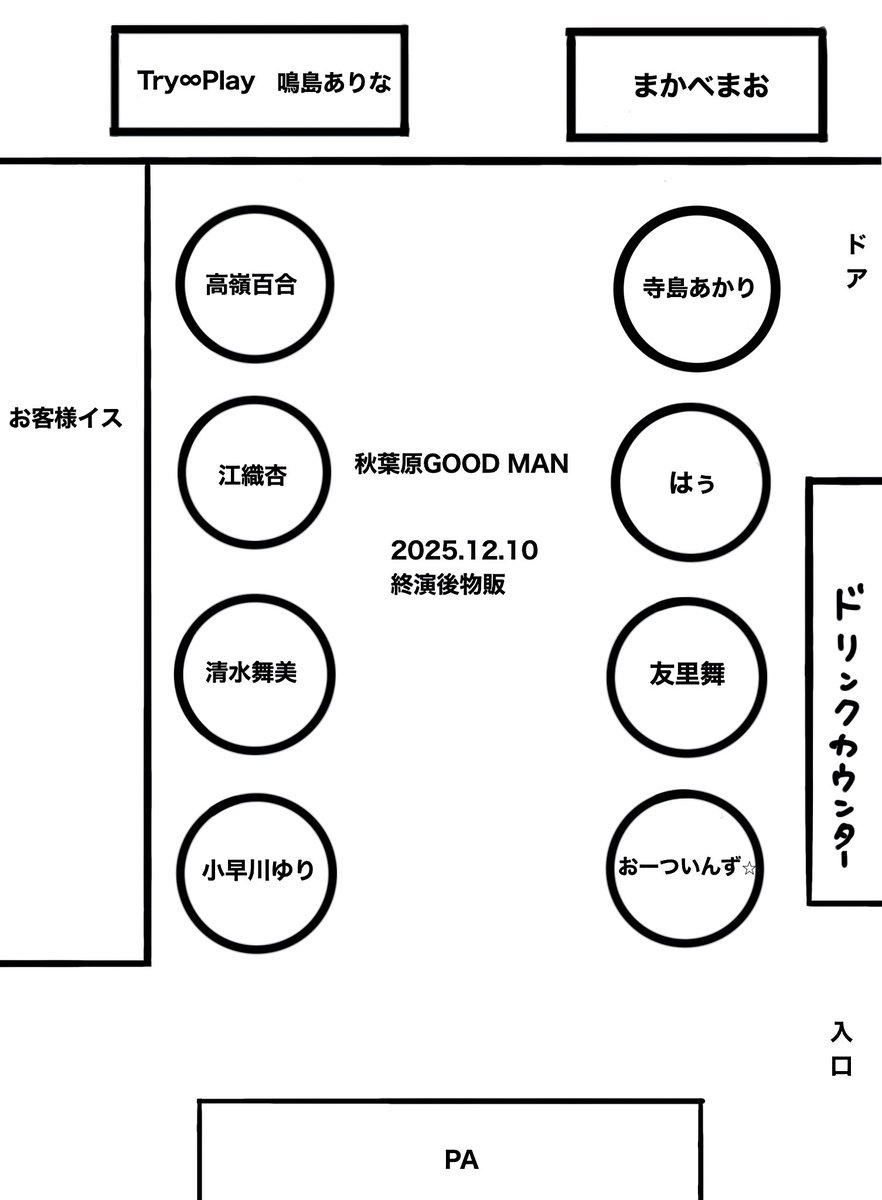 makabemao's tweet photo. 明日10(水)の秋葉原GOODMAN物販配置です❣️

前物販は希望者のみ自由
終演後はこちら🔻 https://t.co/t6AQBsGm9c