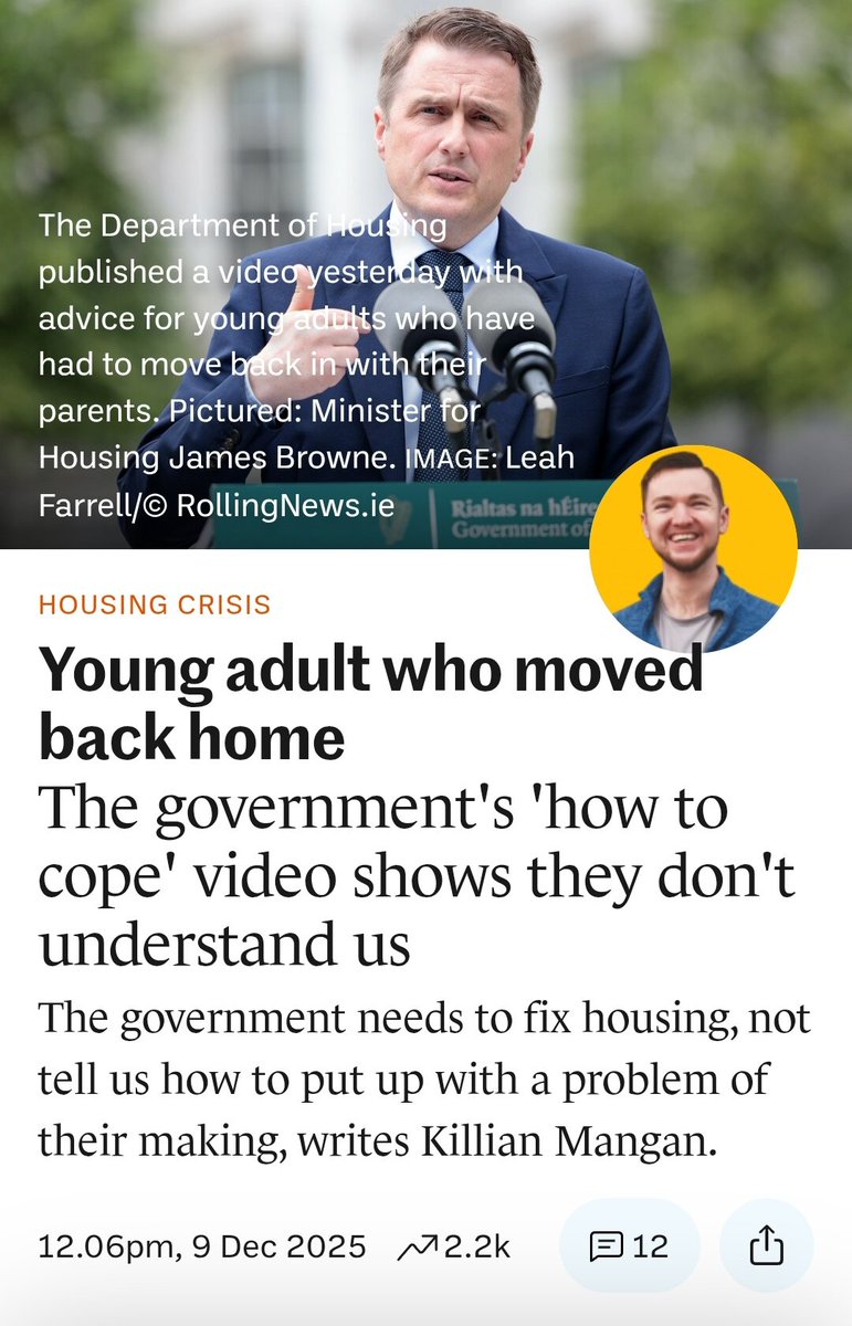 The #FFG #HousingDisaster 

Young adult who moved back homeThe government's 'how to cope' video shows they don't understand us

The government needs to fix housing, not tell us how to put up with a problem of their making, writes Killian Mangan.

thejournal.ie/readme/young-a…