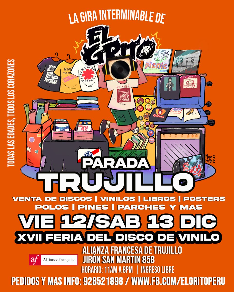 Este fin de semana estaremos feriando con nuestra merch en #Trujillo. ¡Es la  XVII Feria del vinilo en la Alianza Francesa. ¡📢Pasa la voz!
