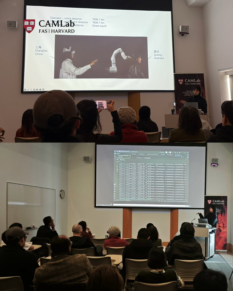 HarvardCAMLab's tweet image. On December 5, artist and researcher Zoe Qi-Jing Li delivered a thought-provoking talk titled “Creative Robotics as Critical Method: Moon Talking, Diary Writing, and Hair Combing” at our CAMLab Cave space.

Zoe shared key works from her practice, including:
1️⃣ “A Sigh”, a…