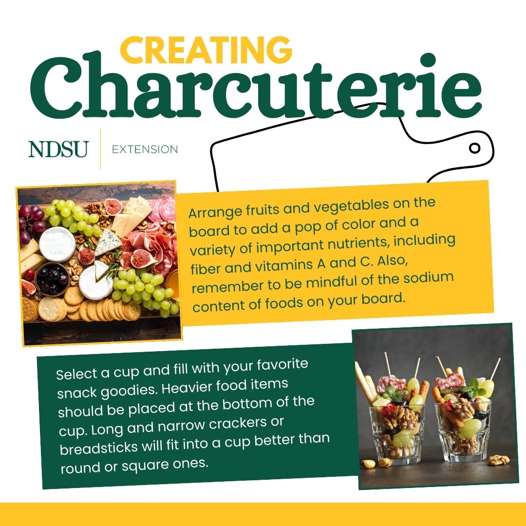 Charcuterie [shahr-koo-tuh-ree] boards provide an opportunity to use ingredients you already have. For example, use up small amounts of leftover cheese and grilled meats to stretch your budget for protein sources. ndsu.edu/agriculture/ex…
#ndsuextension #food #holiday