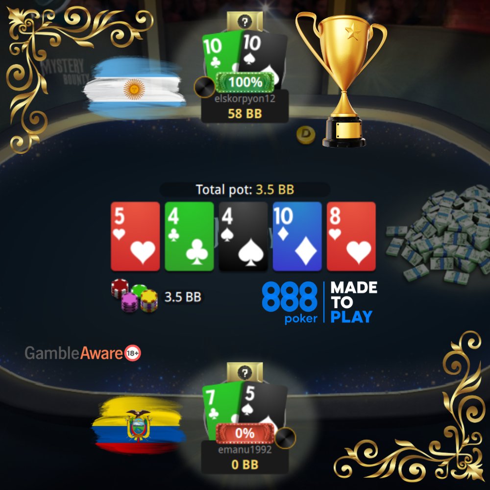 🥳 Comenzó una nueva LATAM LEAGUE Mistery Bounty en <a href="/888poker/">888poker</a> 🙌
En la 1ra Fecha de diciembre el campeón fue "elskorpyon12" 🇦🇷 que superó en el heads up al ecuatoriano "emanu1992" 🇪🇨
✅ Puedes clasificar GRATIS a la fecha 2 el jueves, sábado y domingo en los FREEROLLS  QUALYS! 😎