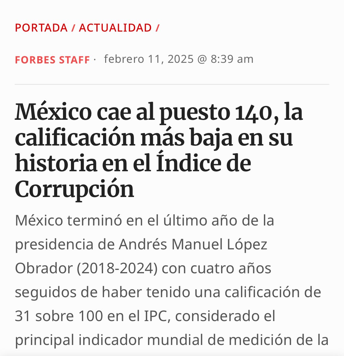 #MorenaDestruyendoAMexico 

En este México de la 4T, donde YA NO EXISTÍA LA CORRUPCIÓN, el país ESTÁ POR DEBAJO DE TODOS LOS PAÍSES DE LATINOAMÉRICA…la calificación más baja en 12 años