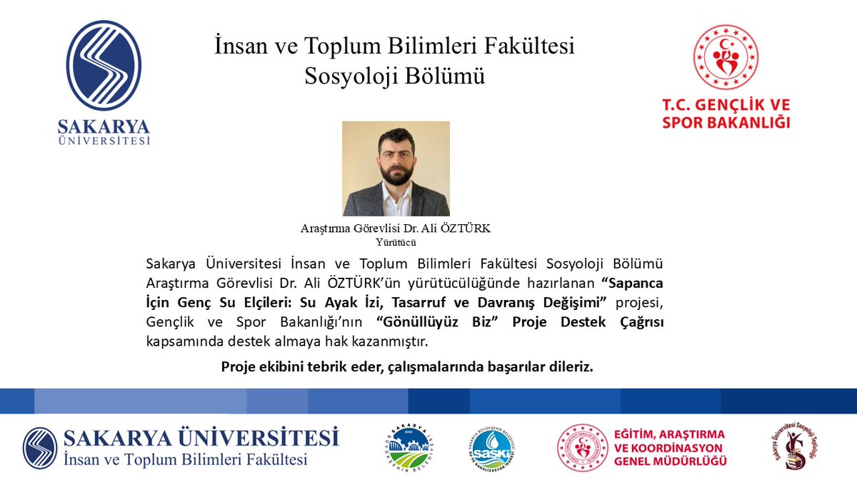 Arş. Gör. Dr. Ali Öztürk’ün yürütücülüğünü yaptığı “Sapanca İçin Genç Su Elçileri” projemiz; eğitim, saha çalışması, tasarruf kiti dağıtımı ve “Suya Söz Ver” kampanyasıyla Gençlik ve Spor Bakanlığı’ndan destek almaya hak kazandı
<a href="/mkemalsan/">Mustafa Kemal ŞAN</a> <a href="/ProfDrHamzaAl/">Hamza AL</a> <a href="/ErknAtak/">Erkan Atak</a> <a href="/gencliksporbak/">Gençlik ve Spor Bakanlığı 🇹🇷</a>