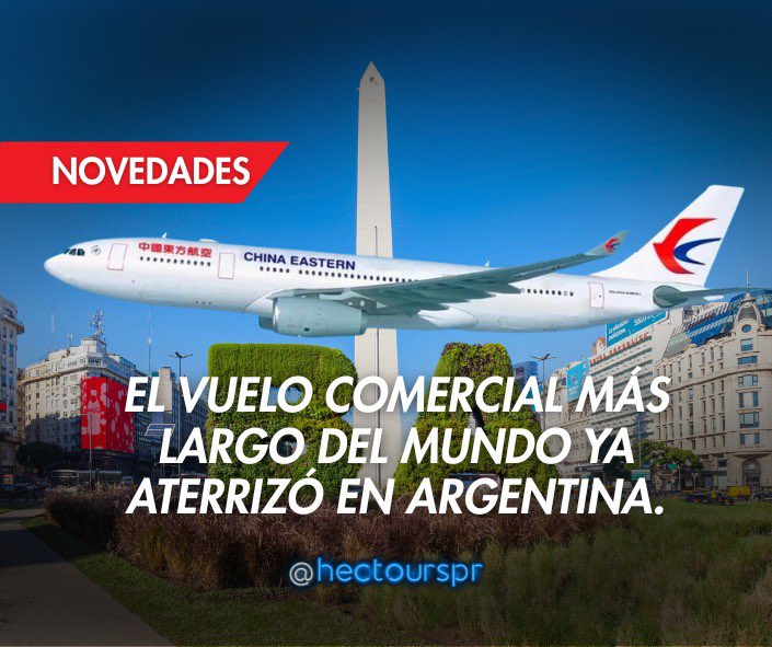 HectoursPR's tweet image. 🚨✈️ ¡Nuevo récord en los cielos!
Ahora el vuelo más largo del mundo es de casi 26 horas, conectando Singapur con Buenos Aires 🇦🇷

 Esto es posible gracias a China Eastern Airlines, superando el récord anterior que era entre Singapur y Nueva York, con unas 18–19 horas de vuelo.…