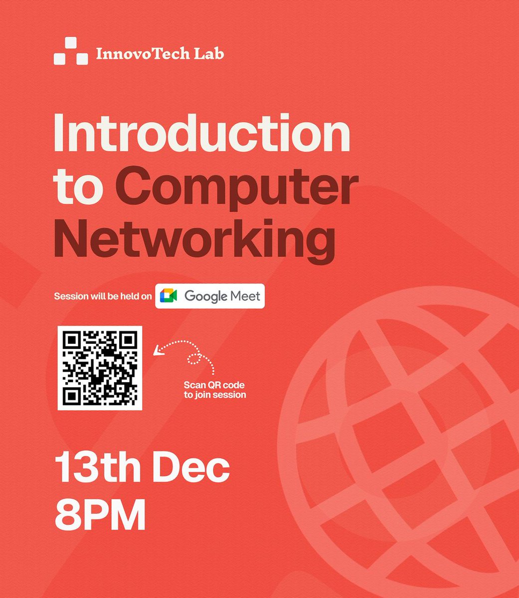 Innovotechlab's tweet image. Join us for Introduction to Computer Networking, a simple breakdown of how the internet works, how devices talk, and what powers modern networks.

📅 December 13, 2025
⏰ 8pm
🔗 luma.com/7jbjfjmd

#InnovoTechLab #NetworkingBasics #TechFundamentals