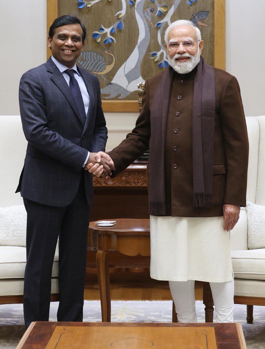 Cognizant's tweet image. Our CEO, @imravikumars along with Rajesh Varrier, Chairman &amp;amp; Managing Director, Cognizant India had the distinct privilege of meeting with the Hon’ble Prime Minister of India, Shri @narendramodi, for an inspiring conversation on accelerating AI adoption and advancing education…