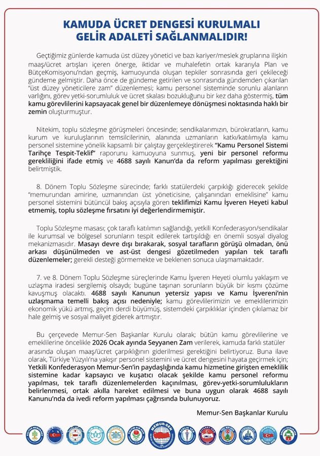 Talebimiz
🔹 2026 Ocak’ta tüm kamu görevlilerine seyannanen zam verilmelidir.
🔹 4688 sayılı Kanun, sosyal diyalog güçlendirilerek ivedilikle güncellenmelidir.
Kapsamlı düzenleme, ortak akıl, sosyal diyalog ve adalet istiyoruz.
<a href="/_cevdetyilmaz/">Cevdet Yılmaz</a> <a href="/isikhanvedat/">Prof. Dr. Vedat Işıkhan</a> <a href="/memetsimsek/">Mehmet Simsek</a>