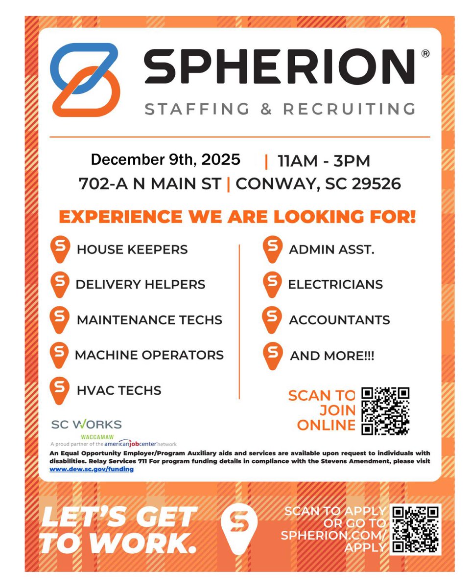 Today is the Spherion hiring event in Conway. Visit between 11am and 3pm to connect with employers and explore openings in several industries. Bring your resume and be ready to apply. #scworkswaccamaw #scworkswrcog #scworkswioa #scworks
