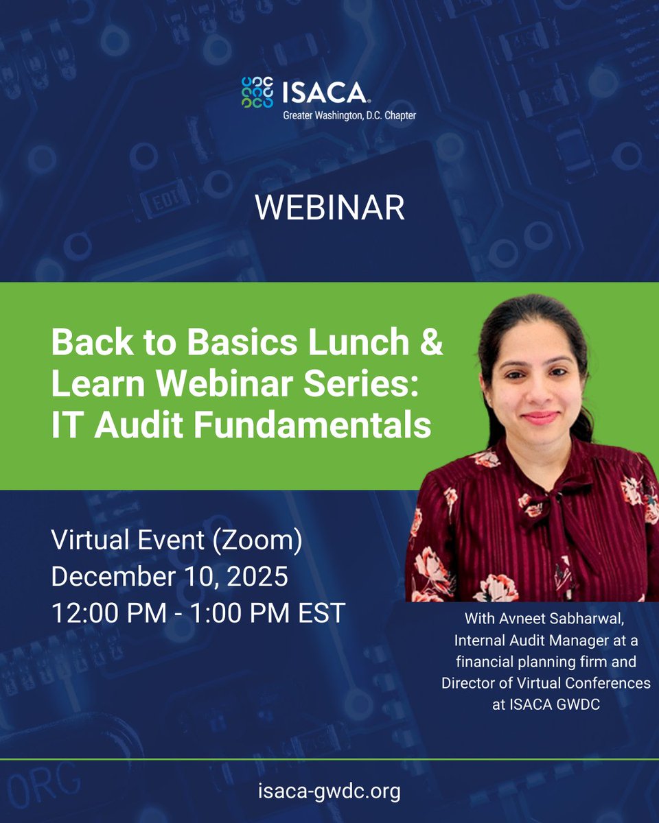 We hope you'll join us for tomorrow's IT Audit Fundamentals webinar with Avneet Sabharwal!

Registration closes today at 5:00 PM. Learn more and register here: bit.ly/3Y0OZ5b