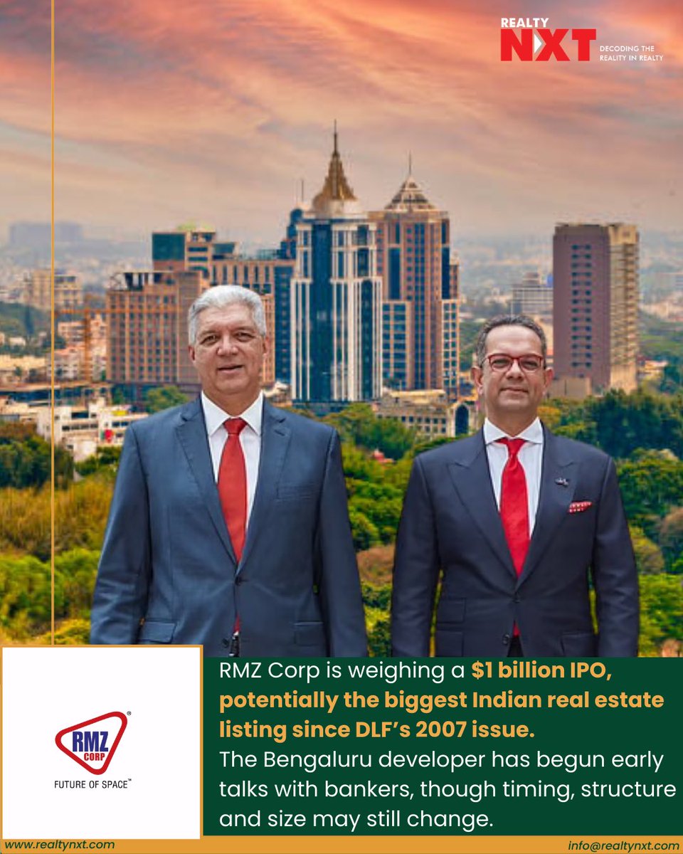 RealtyNXT's tweet image. #News | RMZ Corp is weighing a $1B IPO — potentially the biggest real-estate listing since DLF’s 2007 debut. Early talks underway; structure and timing still open. Signals the strength of India’s capital-raising cycle.

#realtynxt #realestatemarket #realestateindia #IPOAlert