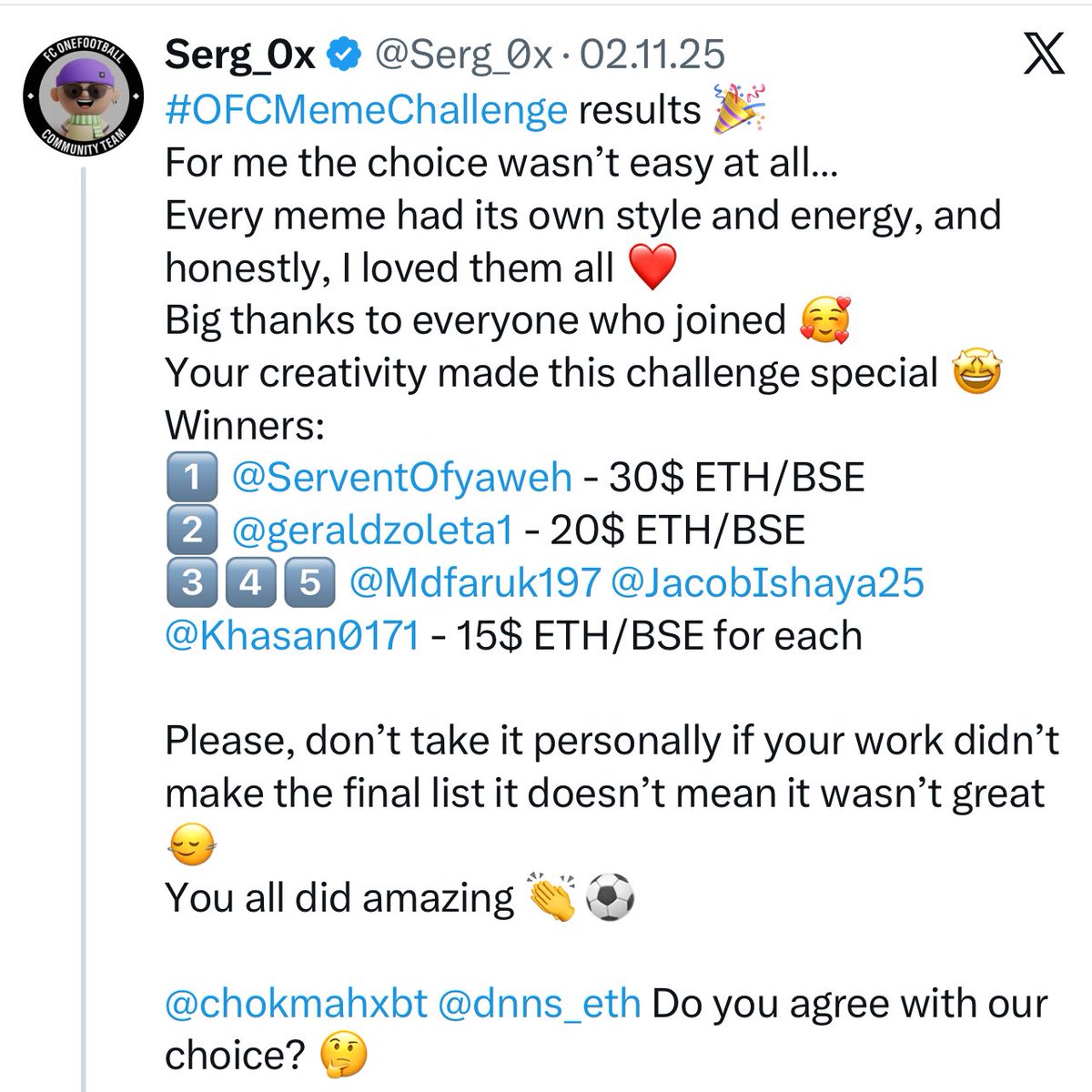 Serg_0x's tweet image. 🚨 Long time no contests, dear #OFC community ❤️
I’m not a millionaire/philanthropist 😂 and my account is too small for big investments 🙃 but let’s still have some fun! 🔥🚀

Last time we had an #OFC meme contest with a $100 prize 👀 Remember? 😏 Wanna do it again?

Show your…