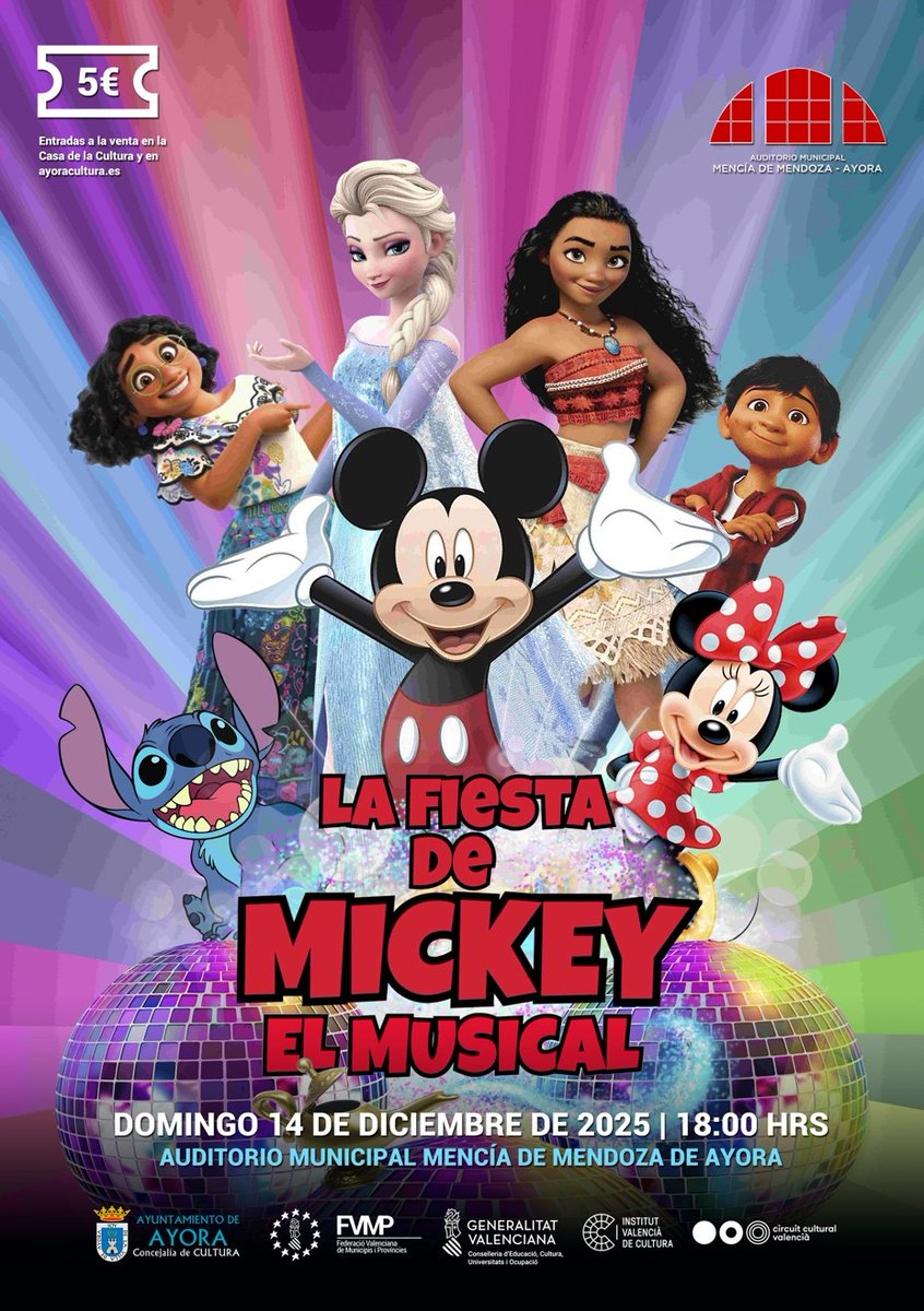 La fiesta de Mickey - El musical
🗓️Domingo 14 de diciembre, a las 18:00 h.
🏛️Auditorio Municipal de #Ayora
➡️Entradas a la venta en la Casa de la Cultura y en ayoracultura.es .
ℹ️+info: ayora.es/es/noticia-eve…
