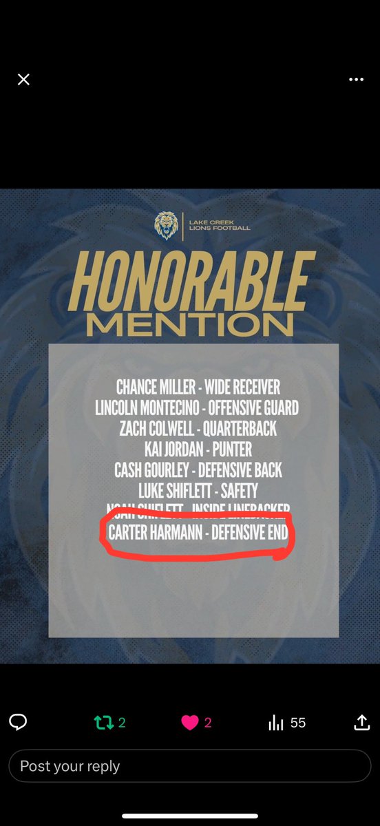 HarmannCarter's tweet image. Blessed to be recognized for my hard work this year.  Thank you to @coach_bourquin for always getting us ready to play.  
@LakeCreekFBall 
@CoachPatKennedy 
@TheChrisRubio 
@CoachWDavidson 
@Bobby_Joe_14 
@chrisroberson44 
@coachlaplante