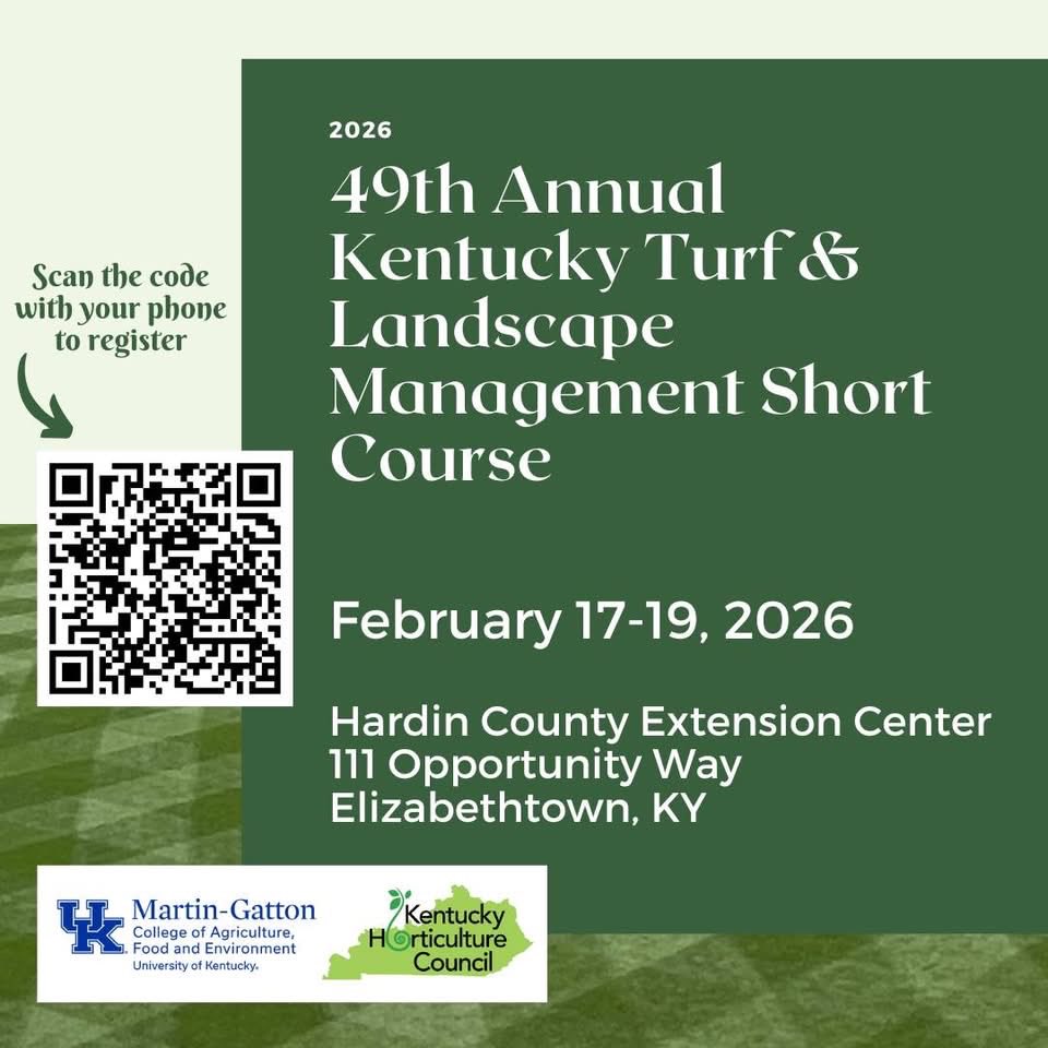 📢 Mark your calendars! The 2026 Kentucky Turf &amp; Landscape Management Short Course is happening February 17-19, 2026. 🌱

Don’t miss expert-led sessions on Golf, Lawn &amp; Landscape, and Sports Turf!

🔗 Register now: …kyhorticulturecouncil.ticketspice.com/2026kyturf-lan… 

#KYTurf2026 #TurfTalk