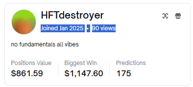 0xddOG's tweet photo. Today I was scrolling through Polymarket and randomly opened this trader’s profile - “HFTdestroyer.”
Bio says “no fundamentals all vibes” so I wasn’t expecting anything crazy.
But damn… this guy actually cooked.
Join @Polymarket Now:- https://t.co/FuBuDKf0gr
viral video 
He’s up a few hundred dollars just today, and when I checked the weekly chart, it showed +$3,675 for the week.
The graph was just steadily climbing, no big dips or degen moves. Just clean, mms consistent wins.

He has around 175 predictions made, so it’s not luck - he’s actually good at reading the market. Crazy part is he doesn’t even act like a big brain trader. Just vibes and conviction.
Seeing someone make almost 4k in a week on Polymarket with that kind of smooth P/L… it really shows how powerful prediction markets are if you know what you’re doing.

Honestly, it kind of motivated me too. This platform is different.

 #polymarket