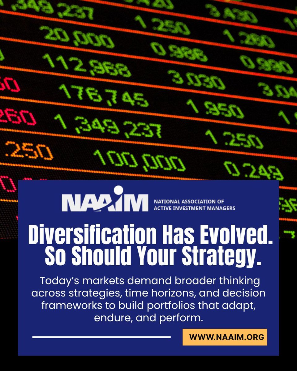 Markets demand more than stocks &amp; bonds. Advisors diversify across strategies, timeframes &amp; approaches—pairing data-driven methods with disciplined decision-making to build resilient portfolios and manage risk across cycles. Learn more: naaim.org #NAAIM