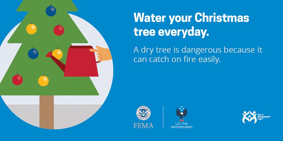 #DYK holiday trees are involved in hundreds of fires each year? Electrical light malfunctions &amp; placing trees too close to heat sources are common causes. A dry tree can burn fast &amp;  intensely. Keep yours well-watered &amp; turn off holiday lights before bed or when leaving home.