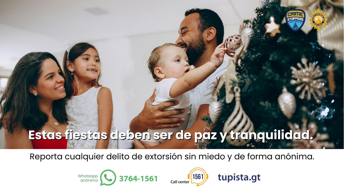 Si eres víctima de extorsión, recuerda que puedes denunciar de forma anónima y segura.

​📞 Llama: 1561
​📱 WhatsApp anónimo: 3764-1561
​🌐 Web: tupista.gt 

​#NavidadEnPaz #DenunciaAnónima #ExtorsiónCero #CrimeStoppersGT #PNCGuatemala